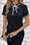 Women's Short Sleeve Ruffled Collar Lace-Up Crepe Summer Blouse