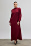Jacquard Dress with Side Tie Detail - Burgundy - 2