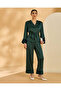 Women's Green Satin Wide Leg Pants with Sequinned Hem - 2