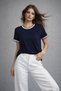Women's Navy Blue Knitwear Collar Basic Short Sleeve T-Shirt - 2