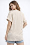 Women's Beige Crew Neck Beach Printed Oversize T-Shirt Nj103 - 3