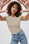 Women's Beige Short Sleeve Crew Neck Basic Slim Fit T-Shirt Lycra Single Jersey