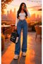 Christina Lycra Women's Medium Blue Super High Waist Loose Leg Denim Loose Palazzo Trousers - 4