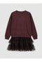 Brown Crew Neck Printed Tulle Detail Girls' Dress from Giyçık Store - 2