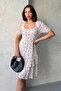 Stone Kayık Collar Floral Skirt Ruffle Short Sleeve Dress |   Vmd1674 - Stone