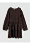Brown Crew Neck Ruffled Stone Detailed Girls' Dress - 3
