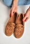 Y996073102 Tan Suede Colored Motif Embroidered Women's Ballerinas