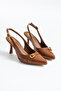 Women's Tan Patent Leather Biyana Model Open Classic Heeled Shoes with Strapped Buckle Detail - 8