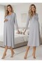 Women's Gray Long Sleeve Stylish Lace Detailed Buttoned 100% Cotton Maternity Dressing Gown Nightgown Set - 3