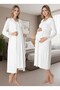 Women's Ecru Long Sleeve Stylish Lace Detailed Buttoned 100% Cotton Maternity Dressing Gown Nightgown Set