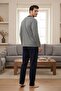 Men's Gray Button Detailed Long Sleeve 100% Cotton Special Design Large Size (Oversized) Pajama Set - 8