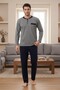 Men's Gray Button Detailed Long Sleeve 100% Cotton Special Design Large Size (Oversized) Pajama Set - 6
