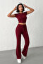 Elora Burgundy Stone Crop Tshirt and Spanish Flare Leggings Top and Bottom Set - 3