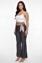 Women's Black Seasonal Elastic Waist Belted Spanish Flare Denim Trousers with Accessories - 2