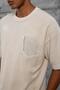 Men's T-Shirt Washable Cream Oversize Pocket Detailed Crew Neck Cotton - 3