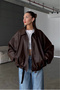 Women's Oversize Leather Jacket – Oversize Zippered Casual Women's Jacket with Belt Detail
