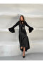 Scarf Detail Spanish Sleeve Satin Blouse - Black