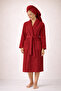 Striped Women's Bathrobe Set 100% Cotton Certified 2-Piece, Shawl Collar Bathrobe + Head Towel - Burgundy - 7