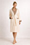 Women's Bathrobe 100% Certified Cotton, 1 Piece, Contrast Striped Shawl Collar Bathrobe / Dressing Gown - Cream - 8