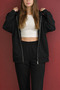 Women's Black Hooded Oversize Modal Fabric Soft Touch Zippered Cardigan