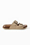 Women's Suede and Leather Look Double Buckle Adjustable Cork Sole Slippers