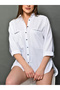 Women's White Blue Striped Garnished Long Sleeve Pocketed Linen Blend Oversize Tunic Shirt - 5
