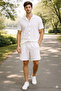 Men's Waffle Fabric Short Sleeve Shirt Shorts Set Regular Fit Summer Two-Piece Set - White - 3