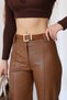Tan Color High Waist Faux Leather Trousers with Fleece Inside and Stylish Design - 2