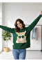 Women's Green Teddy Bear Plush Knitwear Soft Textured Crew Neck Sweater