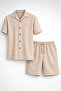 Men's Waffle Fabric Short Sleeve Shirt Shorts Set Regular Summer Two-Piece Set - Beige - 2