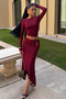 Bordo Valayya Asymmetrical Buckle Midi Skirt Blouse Set Ate-4341