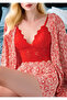 Geometric Patterned Kimono Robe and Shorts Set - 3-Piece Loungewear Set with Lace Bralet Detail - 4