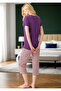 Women's Purple Short Sleeve Capri Pajama Set - Patterned Bottom Cotton Home Wear - 4