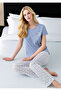 Women's Blue Pajama Set - Short Sleeve Crew Neck Cotton Bottom Top Set