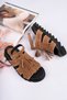Rayn Model Genuine Leather Sole with Tassels, Inner Fuspet, Saraç Knitted Ankle-Strap Women's Sandals