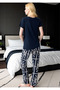 Women's White Navy Blue Floral Patterned Pajama Set - Cotton Long Bottom Top Home Wear - 4