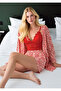 Geometric Patterned Kimono Robe and Shorts Set - 3-Piece Loungewear Set with Lace Bralet Detail