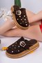 Aura Model Genuine Leather Brown Fastened with Trop Detail, Buckle, Thick Sole Women's Slippers