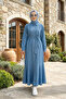 Women's Buttoned Belted Light Denim Blue Dress - 3