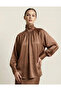Women's Camel Balloon Sleeve Satin Shirt Nj99 - 2