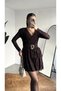 Women's Brown Lace Mini Dress Double Breasted Collar Belted Long Sleeve Evening Dress