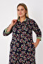 Navy Blue Patterned Full Zipper Dress with Ribbed Pockets and Cotton Fabric, Plus Size, Three-Quarter Sleeves - 5