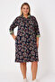 Navy Blue Patterned Full Zipper Dress with Ribbed Pockets and Cotton Fabric, Plus Size, Three-Quarter Sleeves