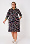 Navy Blue Patterned Full Zipper Dress with Ribbed Pockets and Cotton Fabric, Plus Size, Three-Quarter Sleeves - 4