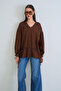 Brown V-Neck Scallop Embroidered Comfortable Fit Linen Blouse Alc-X15374 - 2