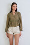 Khaki Hakim Collar Lace Detailed Dobby Crop Shirt Alc-X15370 - 3