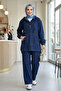 Women's Hooded, Buttoned and Pocketed Dark Denim Blue Tunic Pants Two-Piece Set