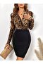 Leopard Double Breasted Collar Long Sleeve Skirt Bodycon Black Dress