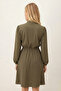 Women's Khaki V-Neck Elastic Waist Flared Dress Arm-26K001094 - 3