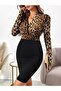 Leopard Double Breasted Collar Long Sleeve Skirt Bodycon Black Dress - 2